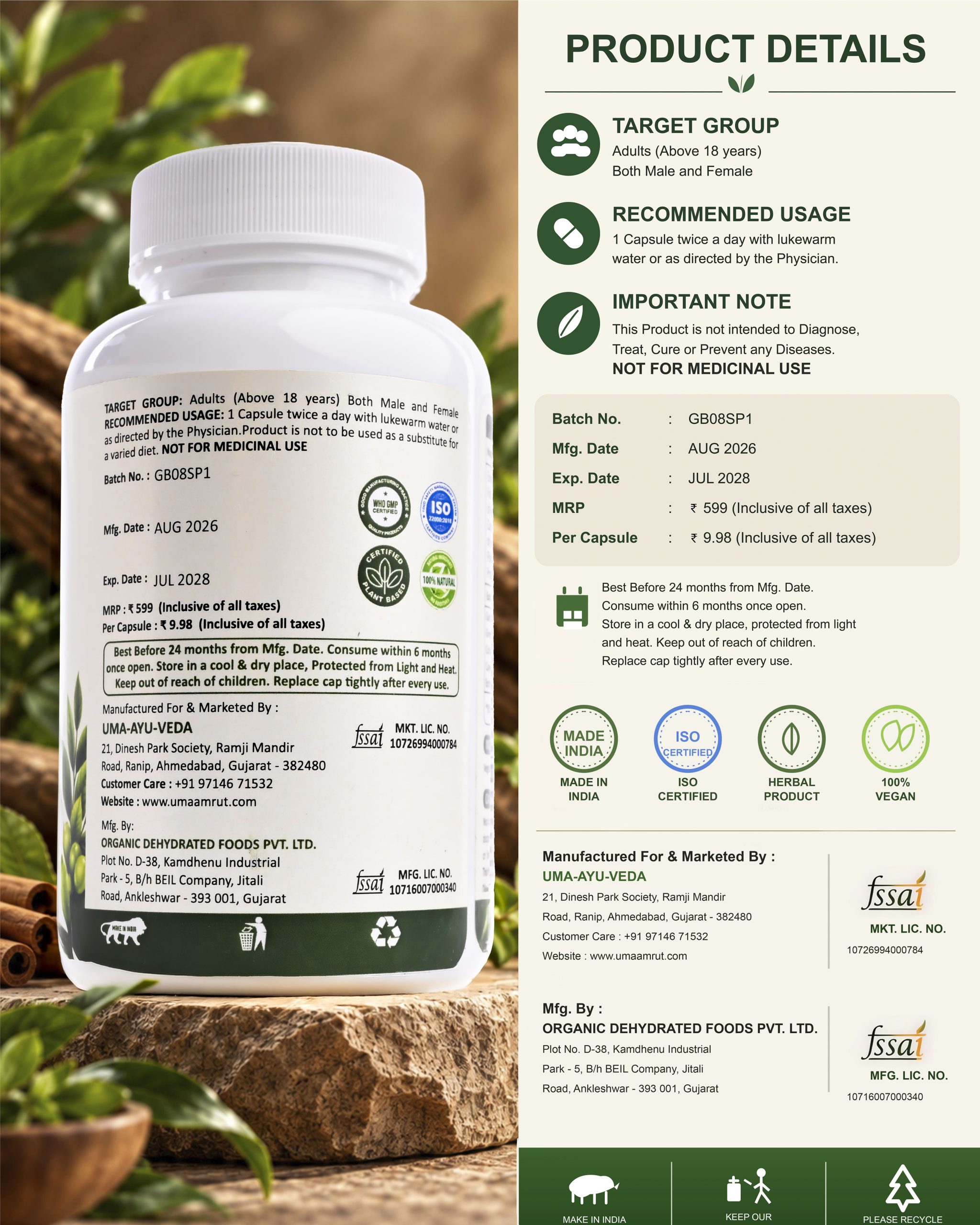 Uma Amrut Slim Plus 1 Herbal Supplement Packaging – 60 Vegetarian Capsules