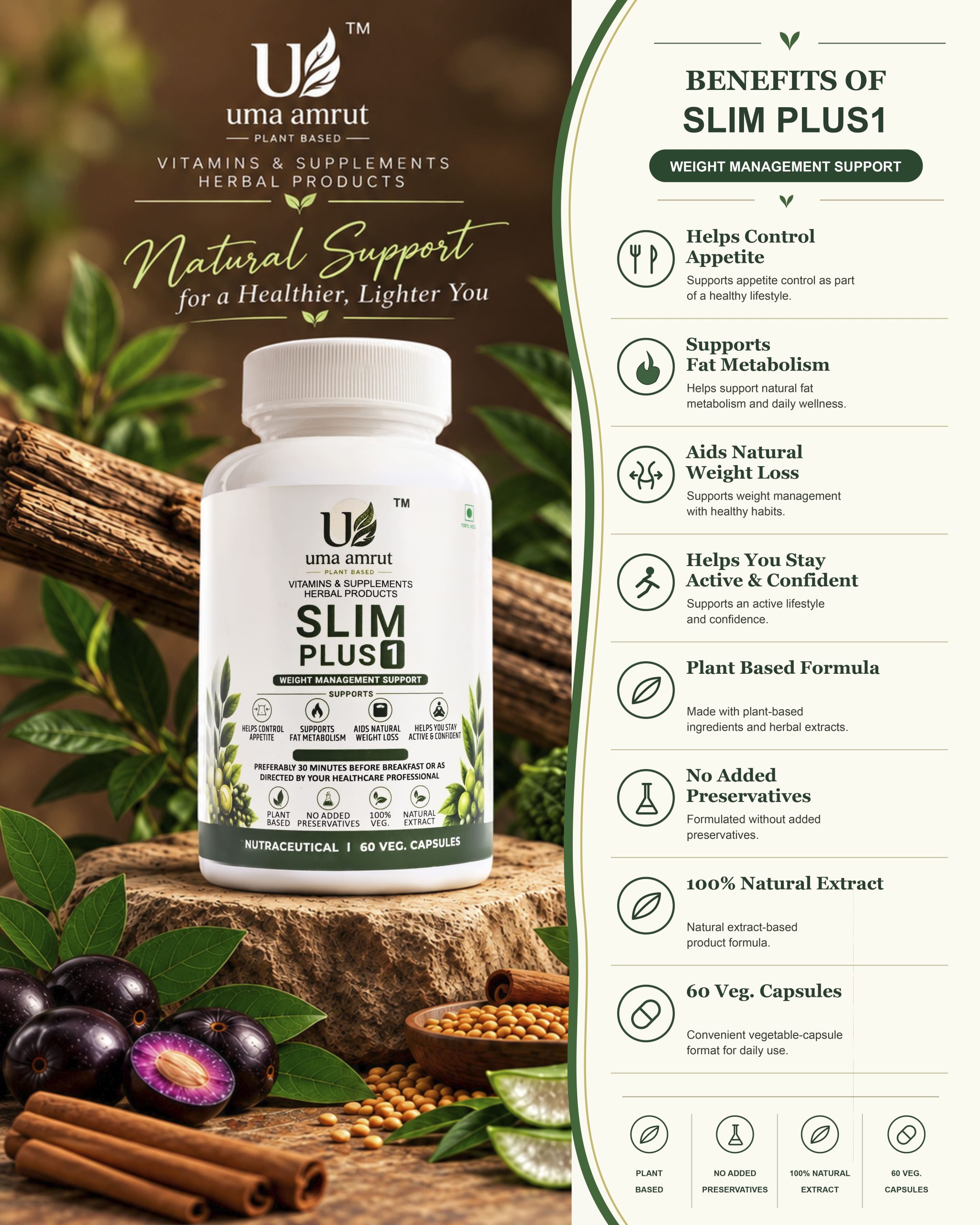 Uma Amrut Slim Plus 1 Plant-Based Weight Management Supplement