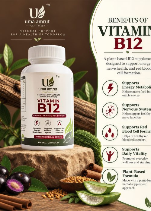 Uma Amrut Vitamin B12 Product Packaging – Plant-Based Nutritional Supplement