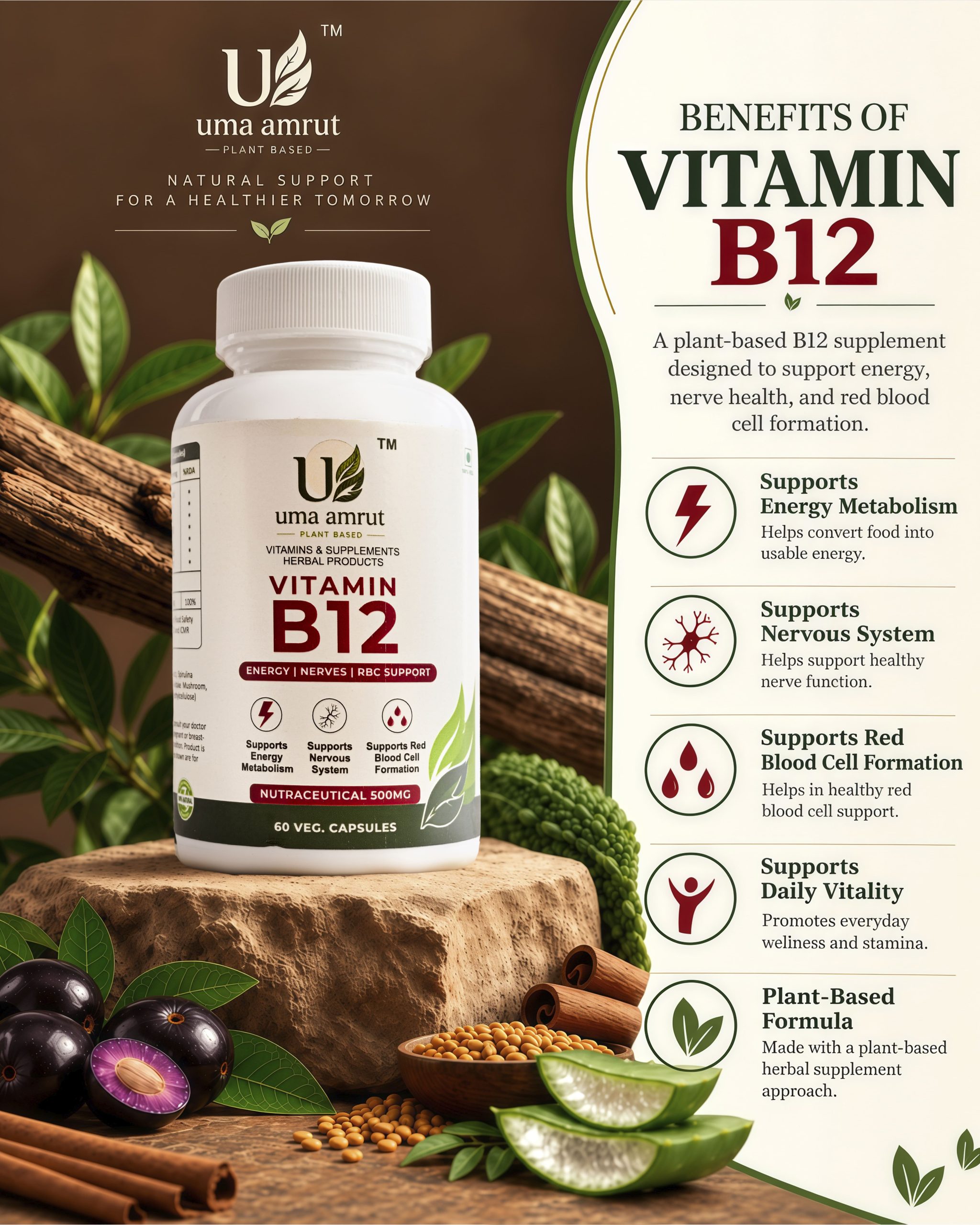 Uma Amrut Vitamin B12 Product Packaging – Plant-Based Nutritional Supplement